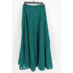 Sani Womens Sequin A Line Midi Skirt XS Green Embellished Flowy Pleated Chic